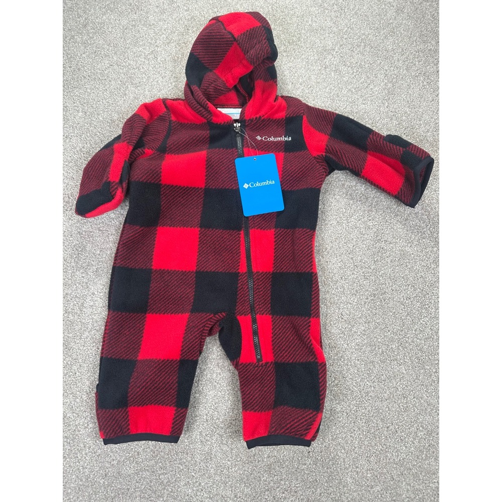 Columbia Baby Fleece Bunting Snowsuit Red Black Buffalo Plaid Hooded 0-3 Months